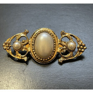 Faux Pearl Collar Lapel Shawl Brooch Pin Gold Tone Victorian Style Jewelry